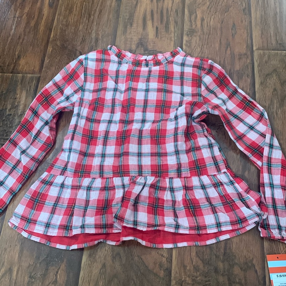 6/6x girls Cat & Jack holiday red/green plaid blouse w/ button closure. NWT
